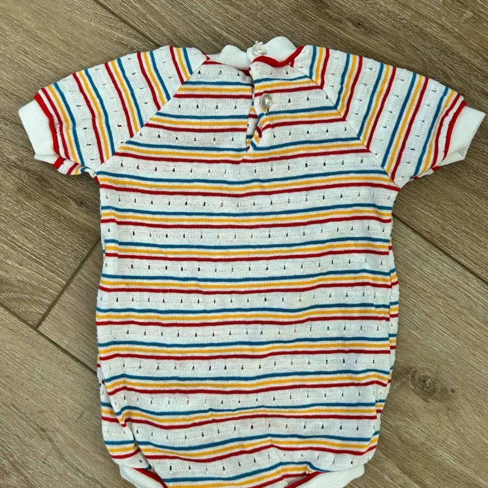 Vtg Doe Spun Baby Boy Primary Colors Stripes Romper 6-9 Months